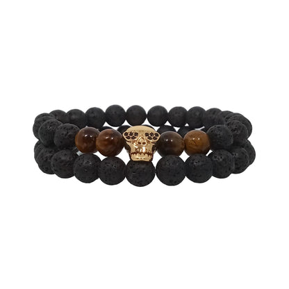 Juego de Pulsera para Hombre de Calavera con Piedra Volcánica y Ojo de Tigre