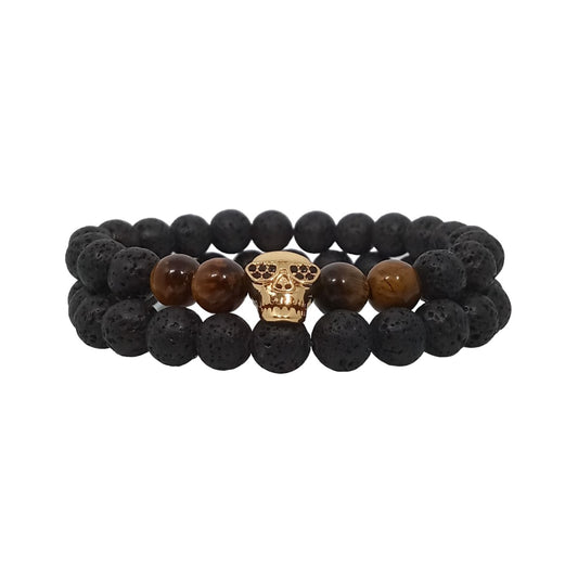 Juego de Pulsera para Hombre de Calavera con Piedra Volcánica y Ojo de Tigre