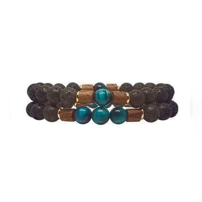 Juego de Pulsera para Hombre con Piedra Volcánica y Ojo de Tigre azul