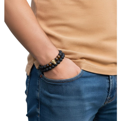 Juego de Pulsera para Hombre de Calavera con Piedra Volcánica y Ojo de Tigre