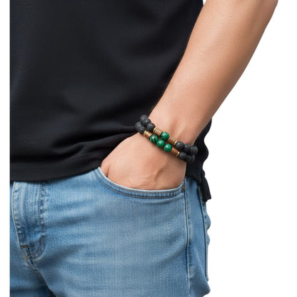 Juego de Pulsera para Hombre con Piedra Volcánica y Malaquita