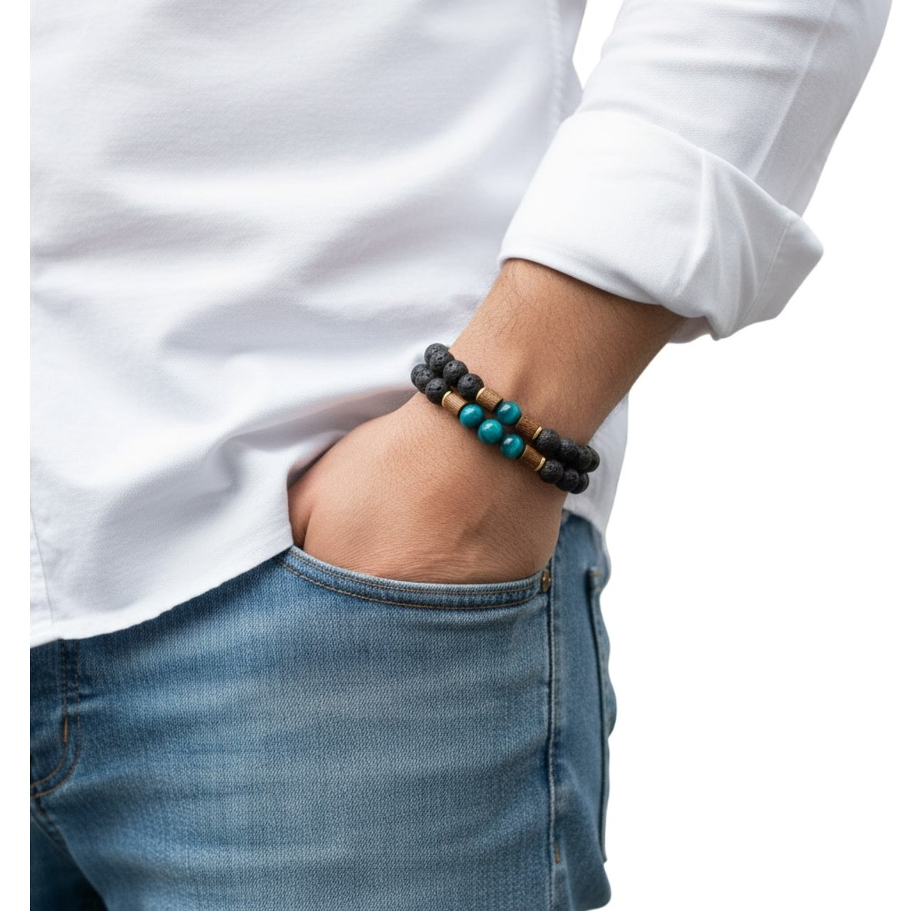 Juego de Pulsera para Hombre con Piedra Volcánica y Ojo de Tigre azul