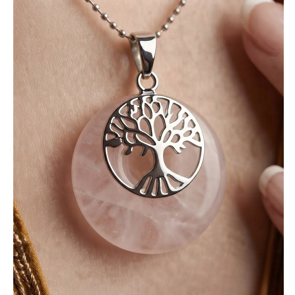 Collar Mujer Árbol de Vida con Cuarzo Rosa