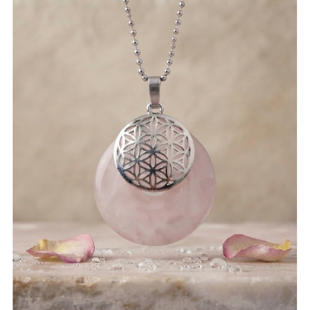 Collar para Mujer con dije Flor de Vida con Cuarzo Rosa
