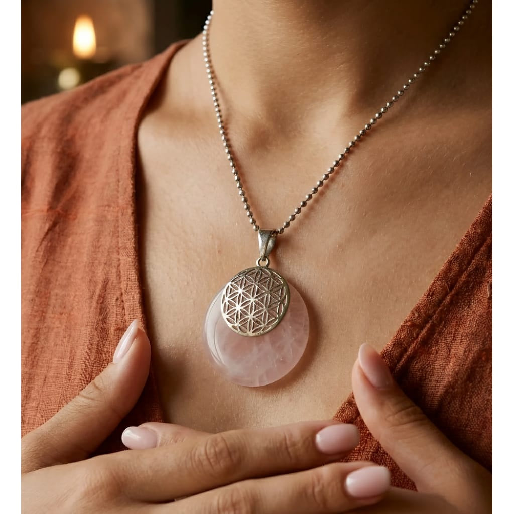 Collar para Mujer con dije Flor de Vida con Cuarzo Rosa
