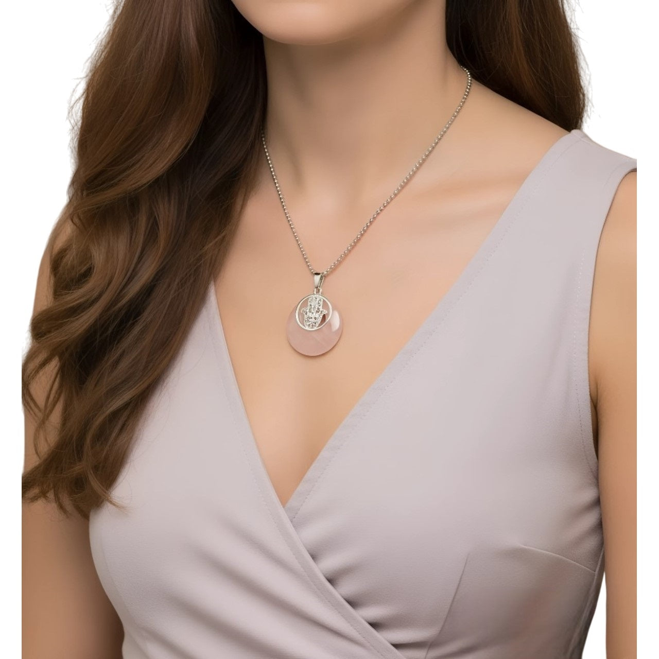 Collar para Mujer de Mano de Fátima, Hamsa y Cuarzo Rosa