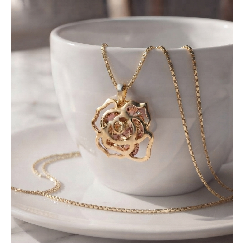Collar Mujer Rosa Destellante Dorado