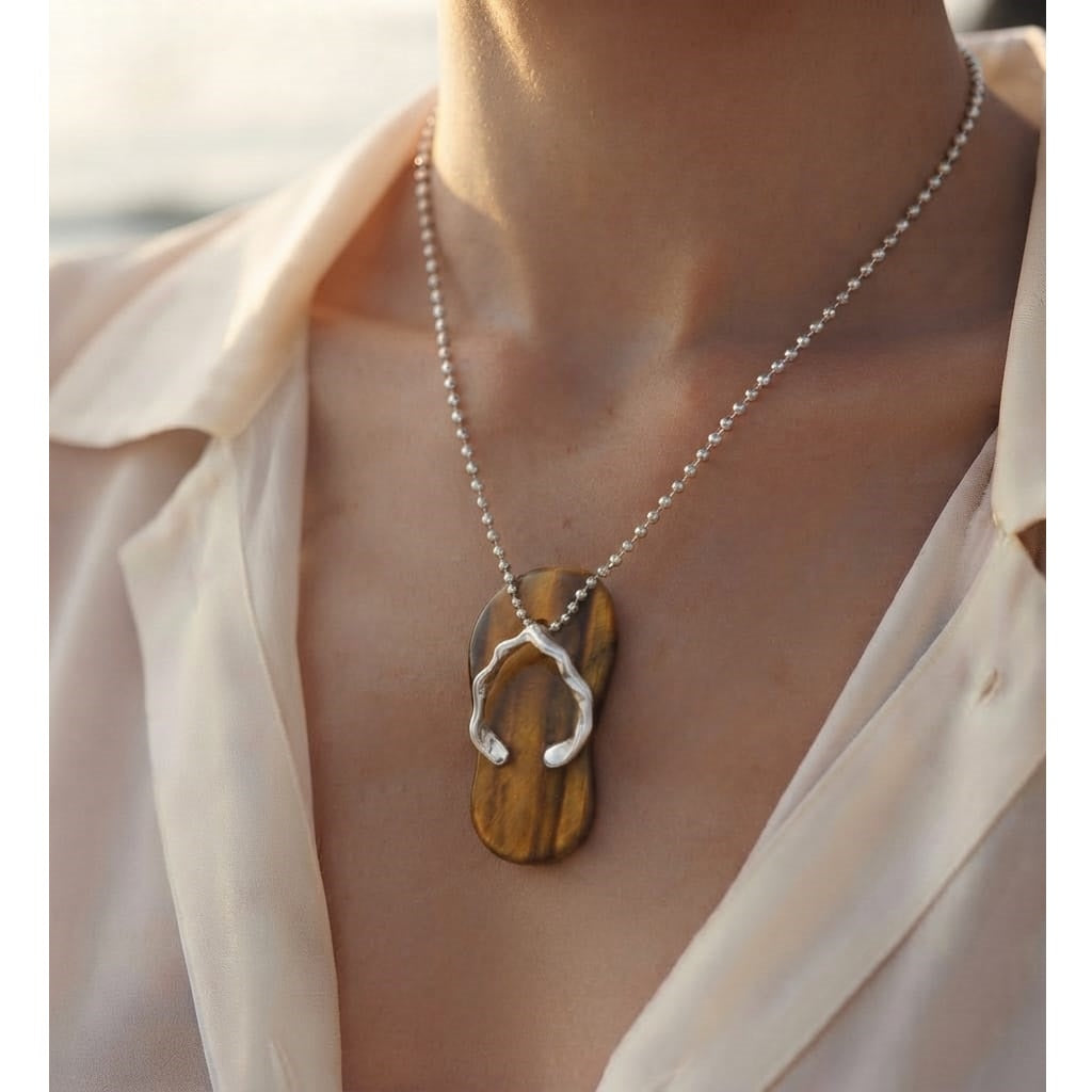 Collar para Mujer de Sandalia y Cuarzo Ojo de Tigre Marrón