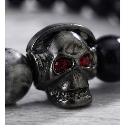 Pulsera para Hombre de calavera con audífonos y piedras naturales, ónix y jaspe picasso