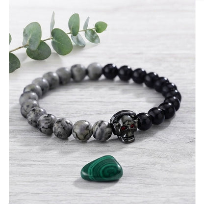 Pulsera para Hombre de calavera con audífonos y piedras naturales, ónix y jaspe picasso