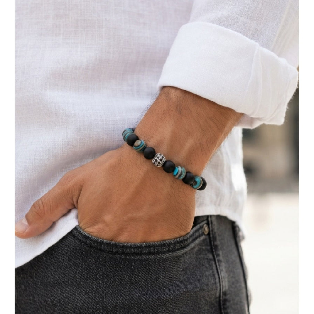 Pulsera para Hombre con dije de Cristal, Cuarzo Ónix y Malaquita