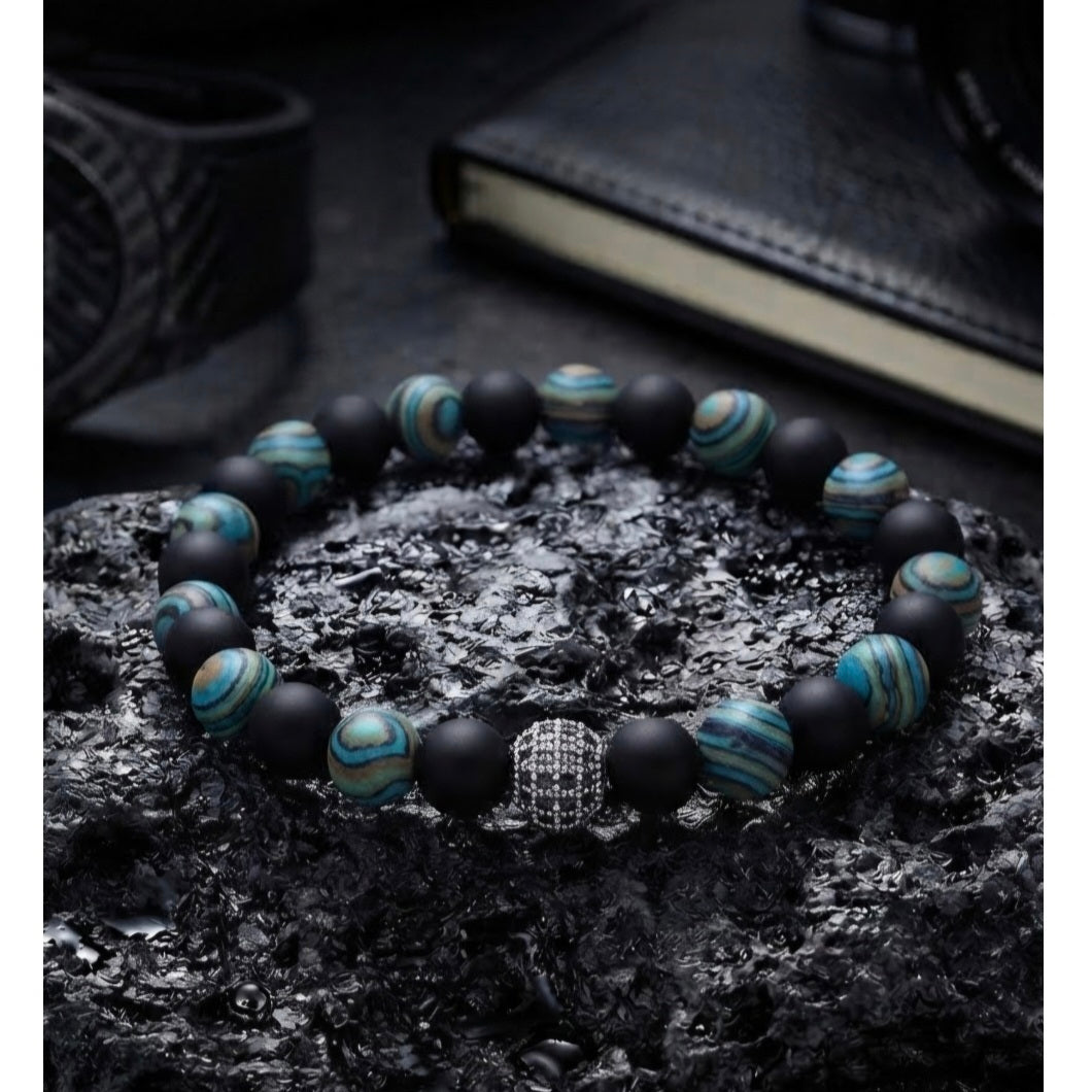Pulsera para Hombre con dije de Cristal, Cuarzo Ónix y Malaquita