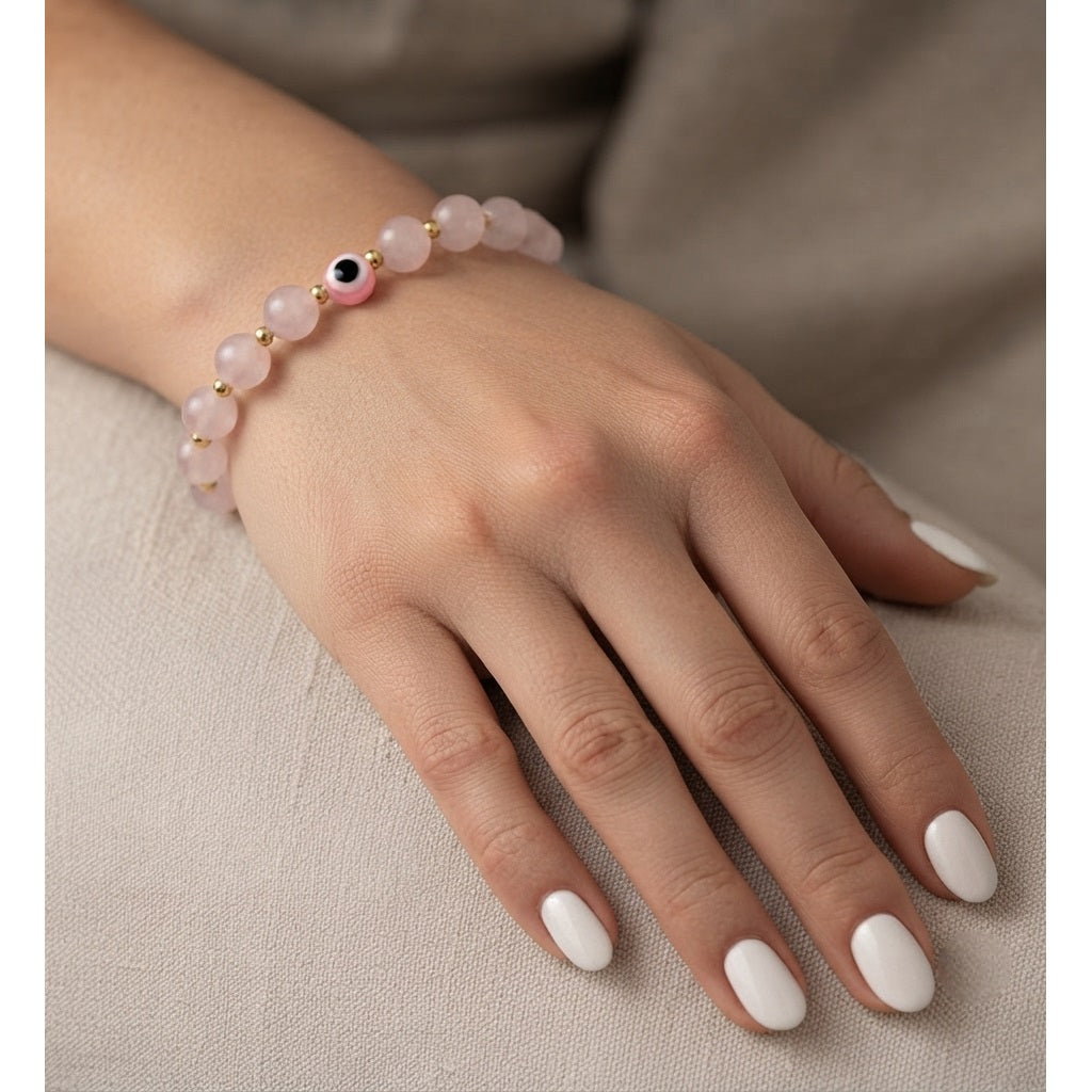 Pulsera Curativa Mujer Ojo Turco y Cuarzo Rosa