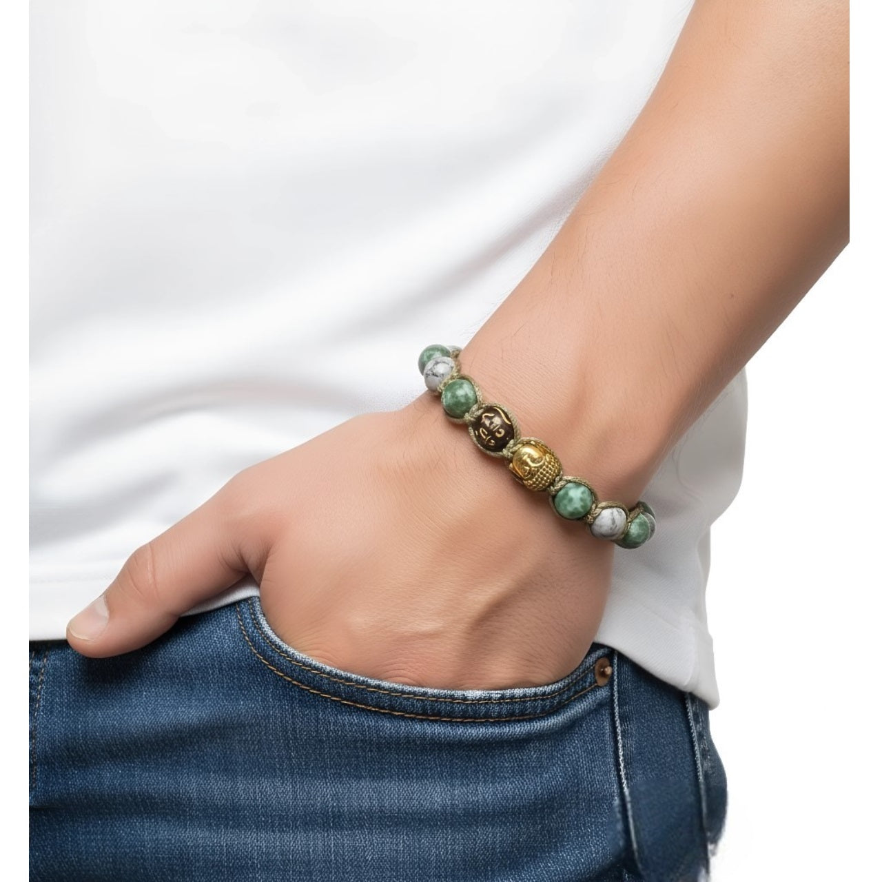 Pulsera Hombre Buda, Mantra Om Mani Padme Hum y Piedras Naturales