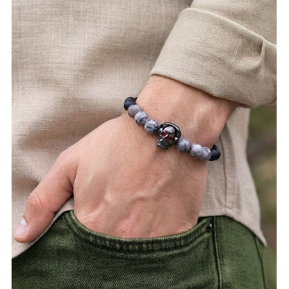 Pulsera para Hombre de calavera con audífonos y piedras naturales, ónix y jaspe picasso