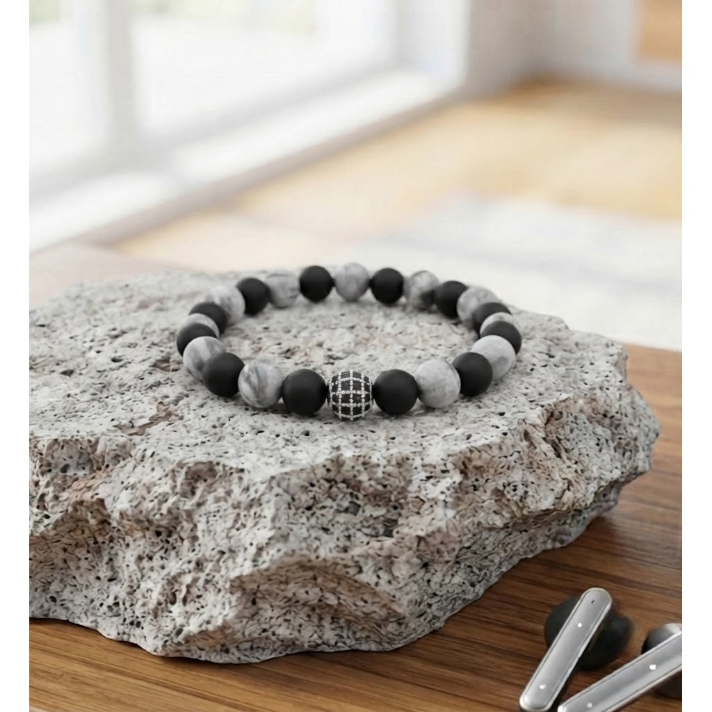 Pulsera para Hombre con dije de Cristal, Cuarzo Ónix y Picasso