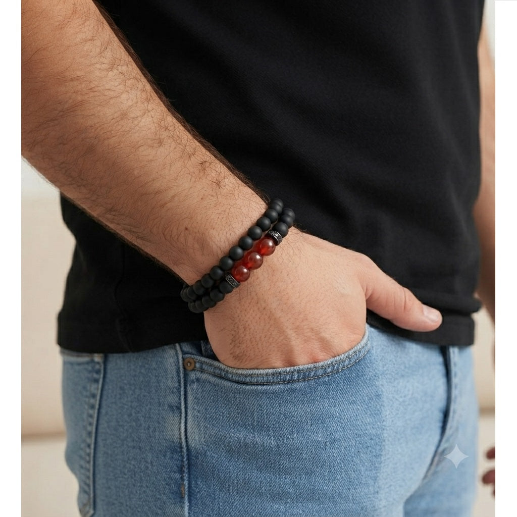 Set Pulseras Energética Hombre Piedras Naturales Cuarzo Rojo