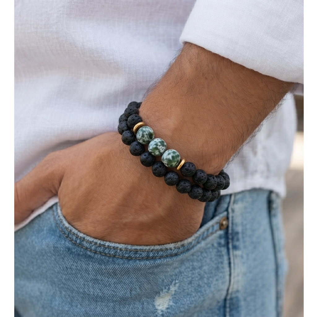 Set de Pulseras Hombre Piedra Volcánica y Green Spot