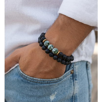 Set de Pulseras Hombre Piedra Volcánica y Green Spot