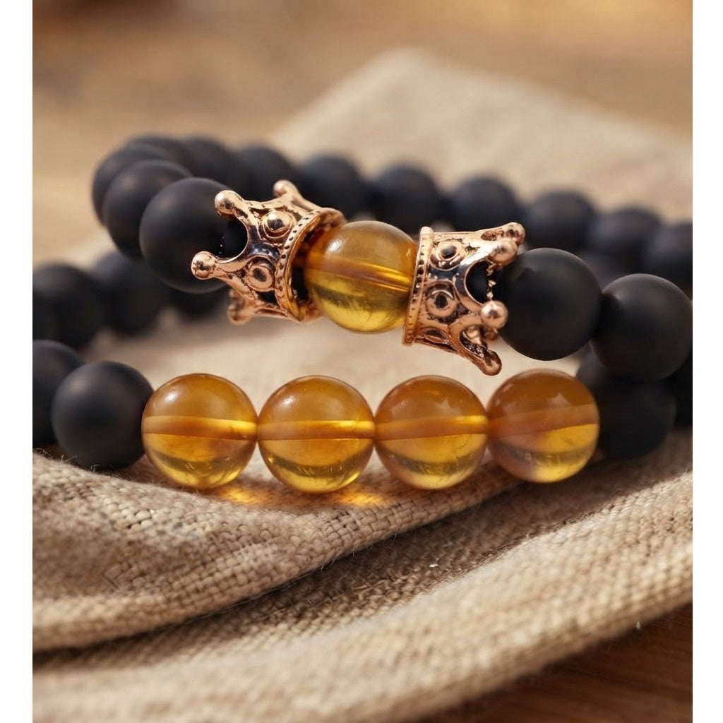 Set Pulseras Hombre Ónix Ámbar y Corona