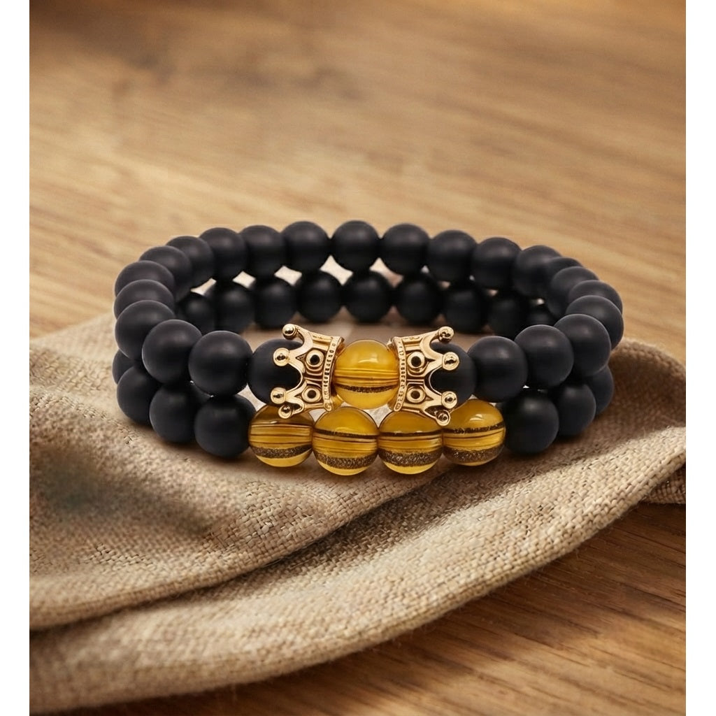 Set Pulseras Hombre Ónix Ámbar y Corona