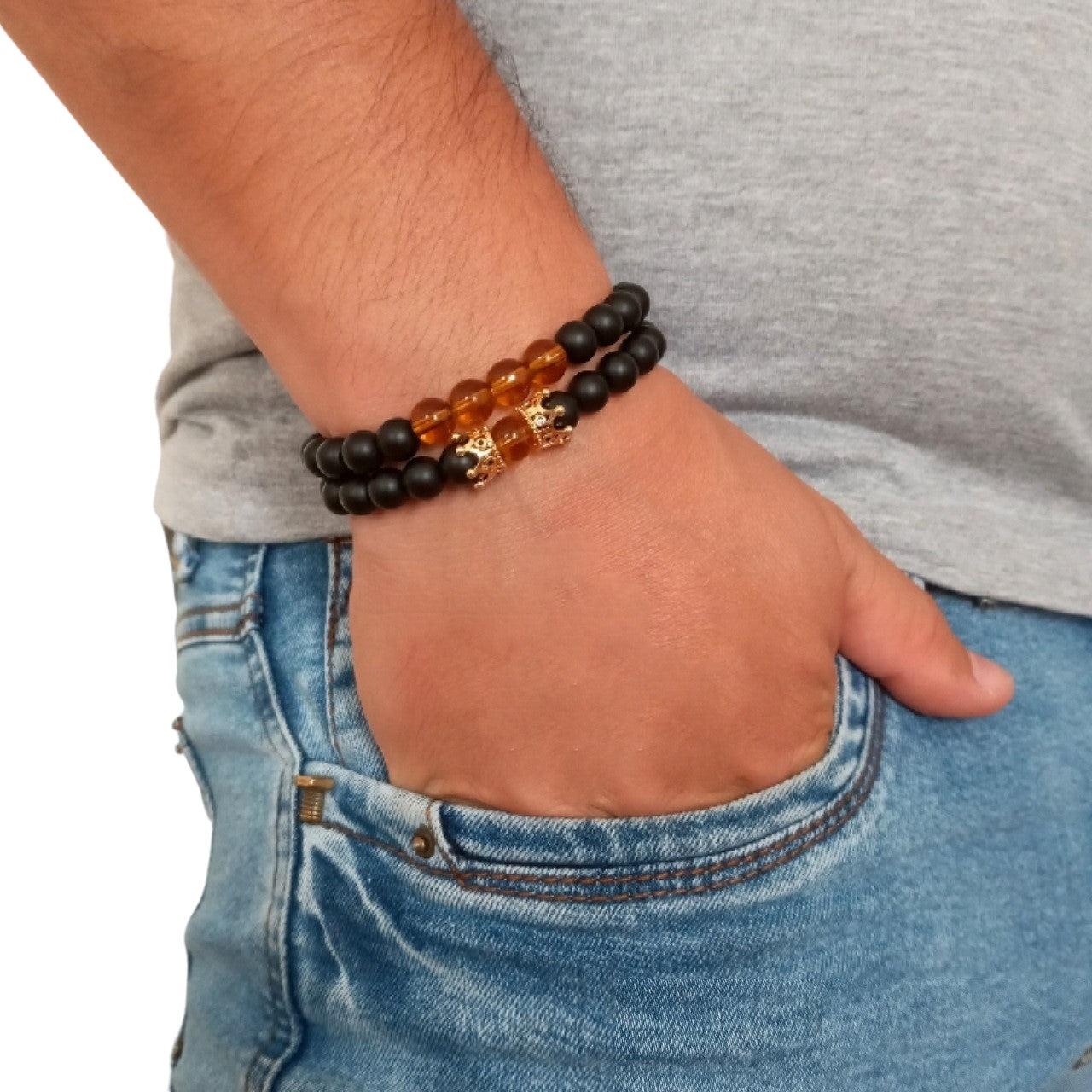 Set Pulseras Hombre Ónix Ámbar y Corona
