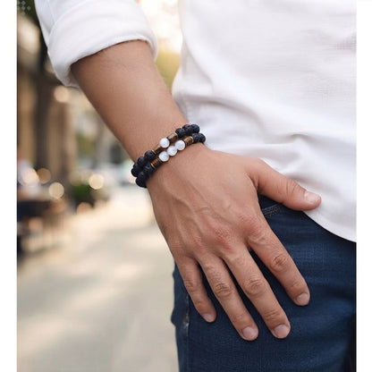 Set Pulseras Hombre Ojo de gato, Piedra Volcánica o Lava y Madera