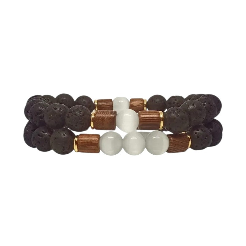 Set Pulseras Hombre Ojo de gato, Piedra Volcánica o Lava y Madera