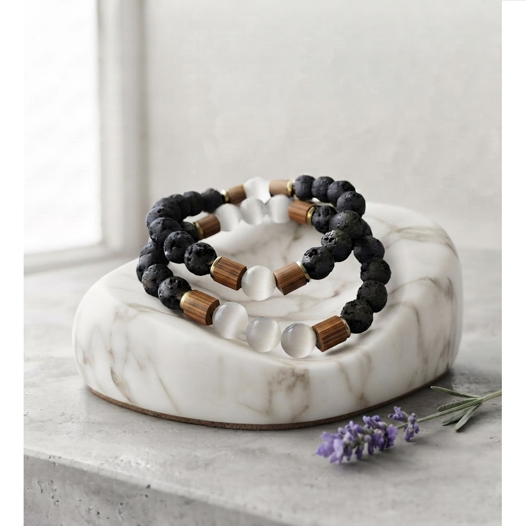 Set Pulseras Hombre Ojo de gato, Piedra Volcánica o Lava y Madera
