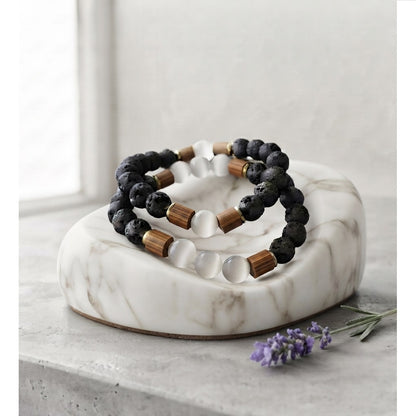 Set Pulseras Hombre Ojo de gato, Piedra Volcánica o Lava y Madera