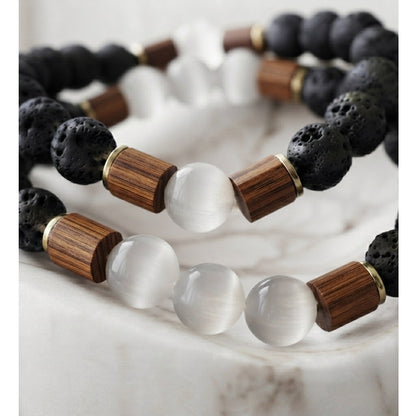 Set Pulseras Hombre Ojo de gato, Piedra Volcánica o Lava y Madera