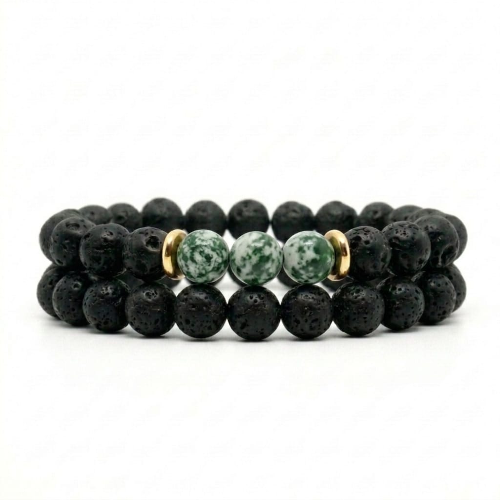 Set de Pulseras Hombre Piedra Volcánica y Green Spot