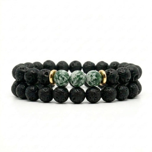 Set de Pulseras Hombre Piedra Volcánica y Green Spot